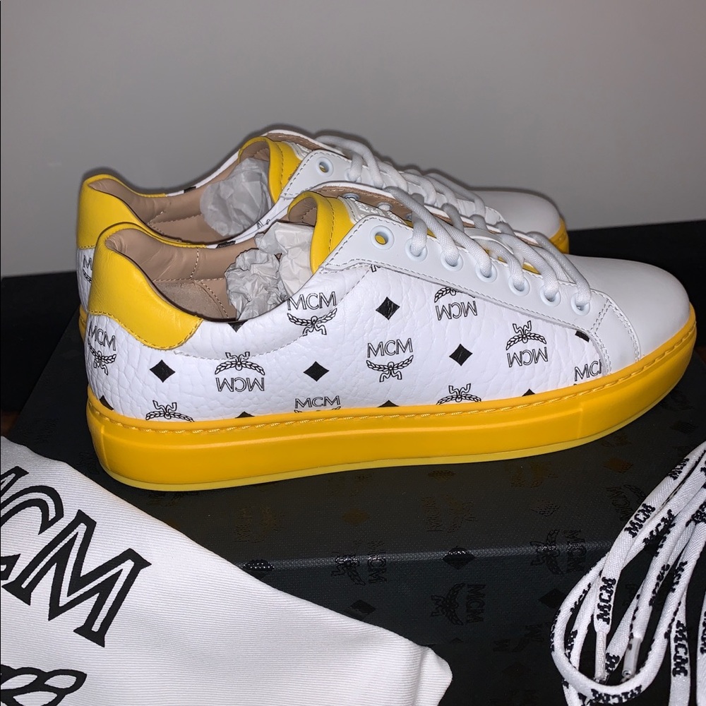 MCM White & Yellow Logo Low-Top Sneakers